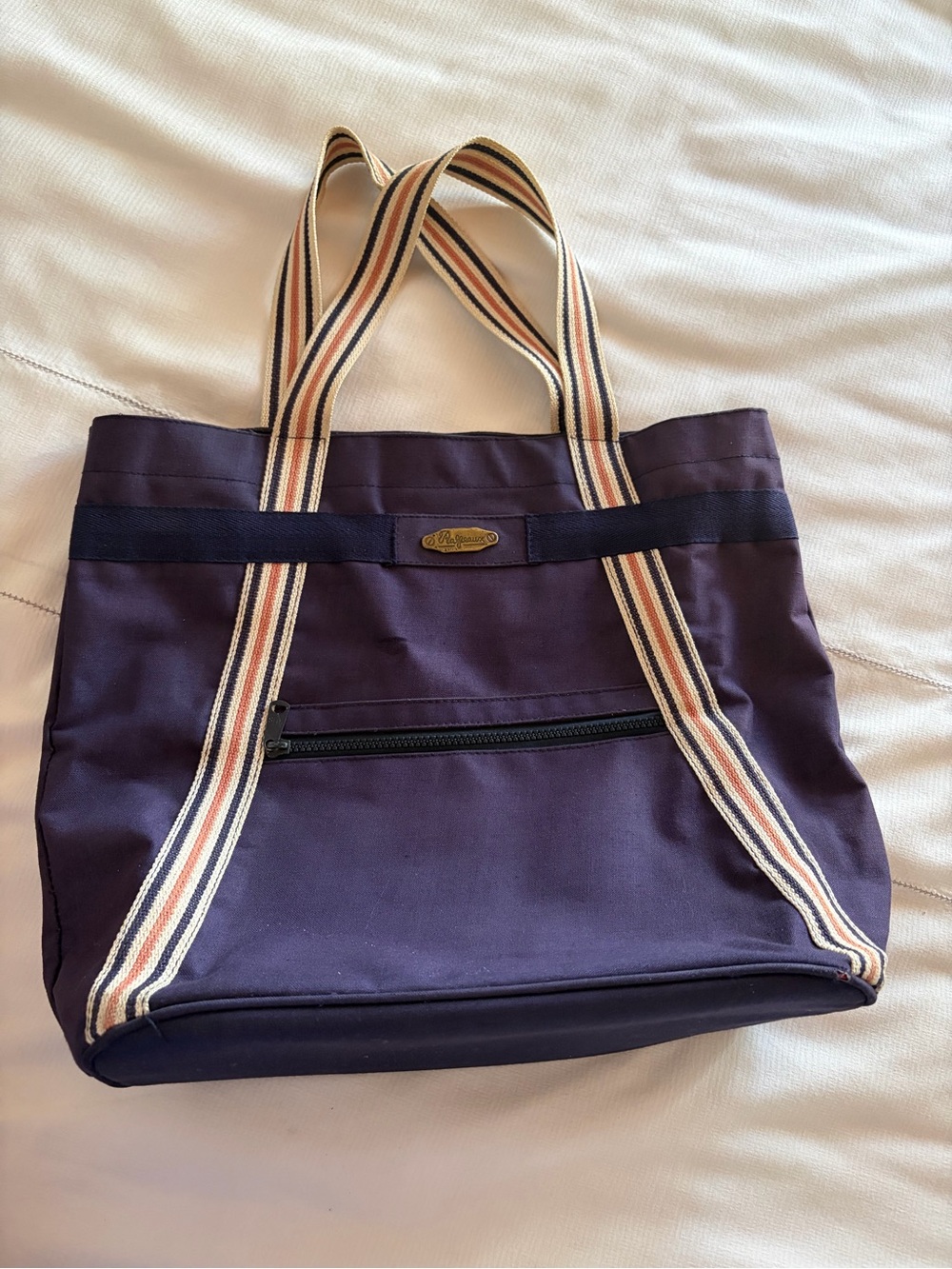 Vintage 1970's 1980's Retro Ralfeaux Canvas Tote Navy Blue Striped Handles